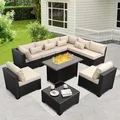 Rattaner 10 Pieces Wicker Sectional with Fire Table, Khaki: view 2