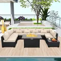 Rattaner 10-piece khaki all-weather wicker sectional with steel fire table and glass table