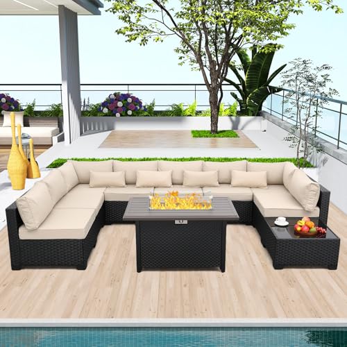 Rattaner 10-piece khaki all-weather wicker sectional with steel fire table and glass table
