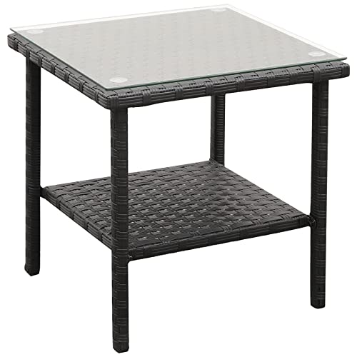 Rattaner black PE wicker 2-layer side table with glass top