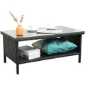 Rattaner black wicker 2-layer storage coffee table with glass top