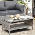 Rattaner grey wicker 2-layer storage coffee table with tempered glass top