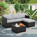 Rattaner 3-piece light grey wicker sectional with ottoman and table