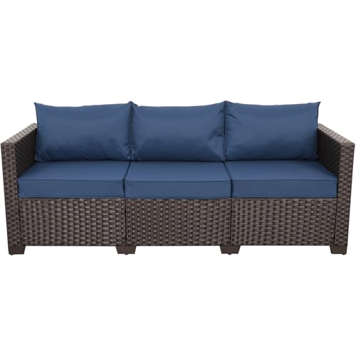 Rattaner 3-seat blue wicker outdoor sofa with steel frame