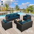 Rattaner 5-piece peacock blue wicker sectional with coffee table