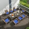 Rattaner 7-piece brown wicker patio dining set with royal blue cushions