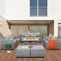 Rattaner 7 Pieces Wicker Sectional, Fire Pit Table, Light Grey: view 2