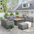 Rattaner 7-piece light grey wicker sectional with 45-inch propane fire pit table