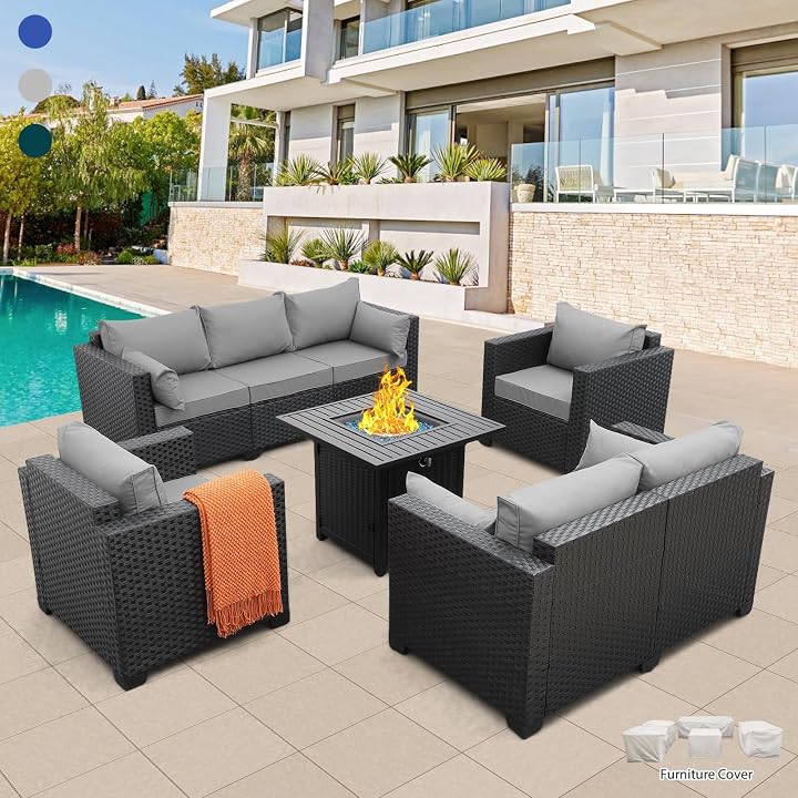 Rattaner wicker patio furniture set on an outdoor patio
