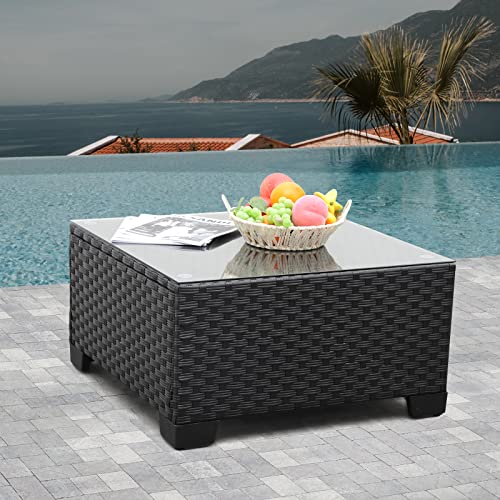 Rattaner black square wicker coffee table with tempered glass top